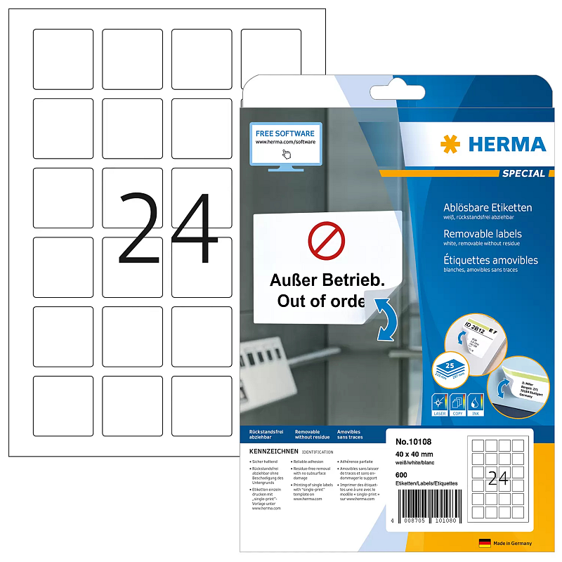 HERMA Ablösbare Etiketten A4 40x40 mm weiß quadratisch Movables/ablösbar Papier matt 600 St.