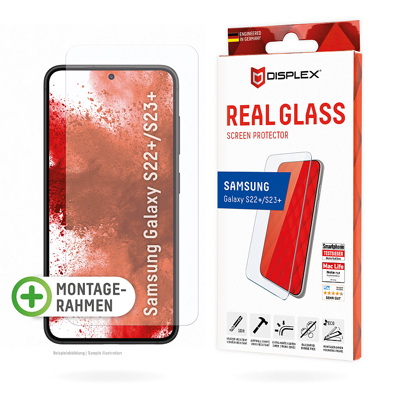 Displex Panzerglas (10H, 2D) für Samsung Galaxy S22+/S23+, Eco-Montagerahmen, kratzer-resistent