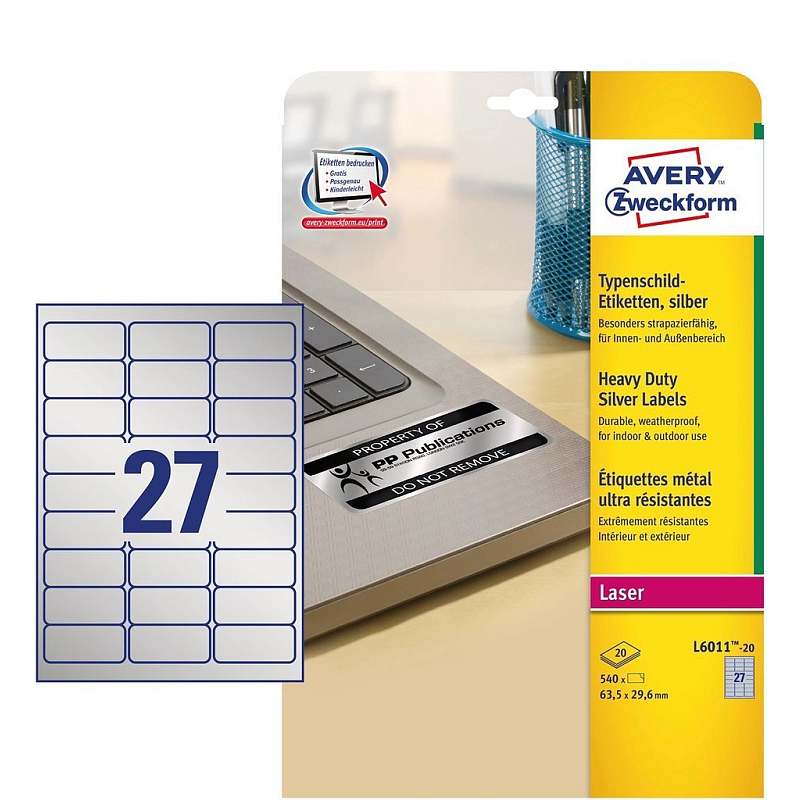 Avery L6011-20 selbstklebendes Etikett Abgerundetes Rechteck Permanent Silber 540 Stück(e)