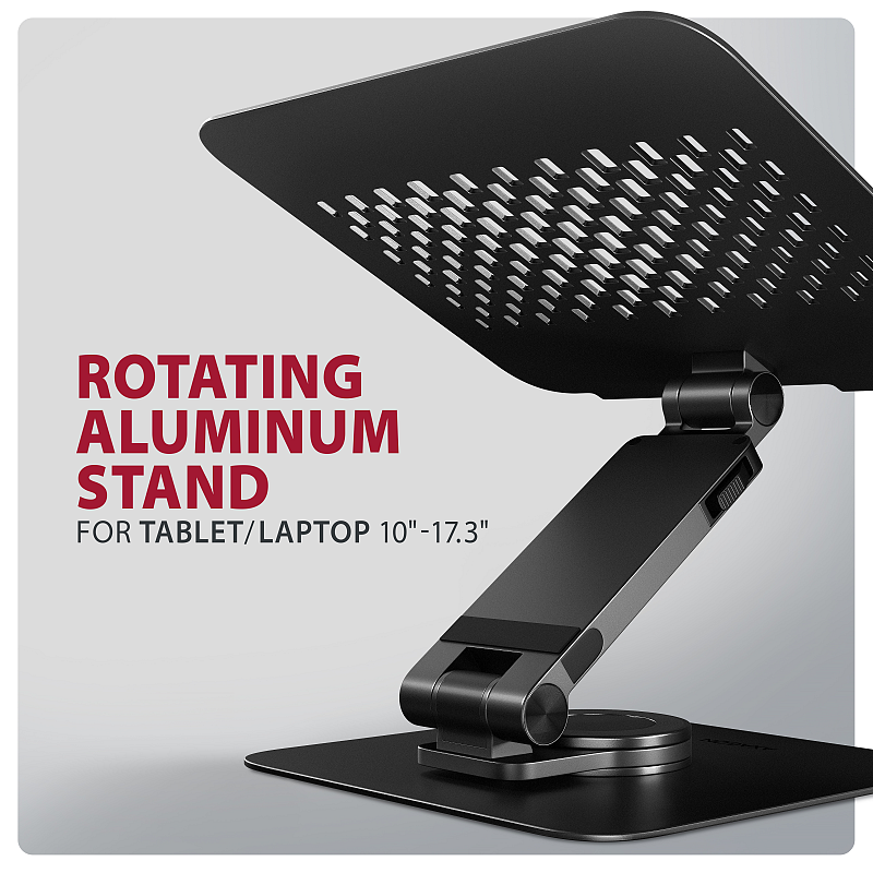 Axagon STND-LRB Aluminiumständer mit 360°-Drehung für Laptops 10"–17.3". Verstellbare Höhe und Winkel. Schwarze Version.