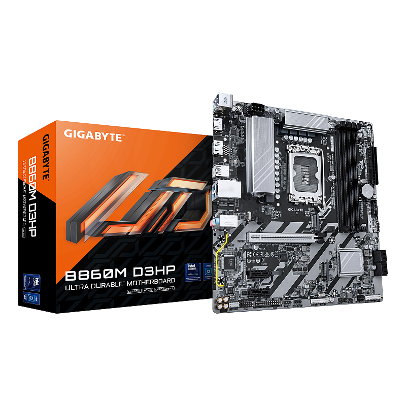 GIGABYTE B860M D3HP Mainboard - Intel Core Ultra CPUs, 4+1+2+1 Phasen VRM, bis zu 9066MHz DDR5, 2xPCIe 4.0 M.2, GbE LAN, USB 3.2 Gen 1