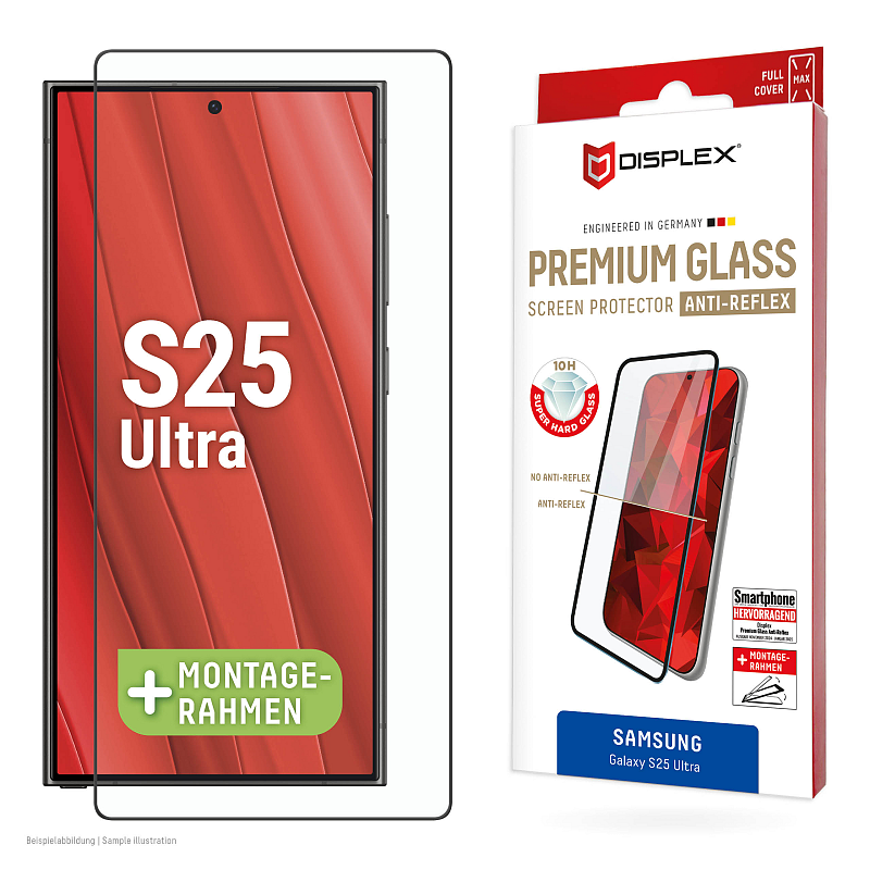 Displex Premium Panzerglas (Full Cover, 10H) für Samsung Galaxy S25 Ultra, Eco-Montagerahmen, Full Cover