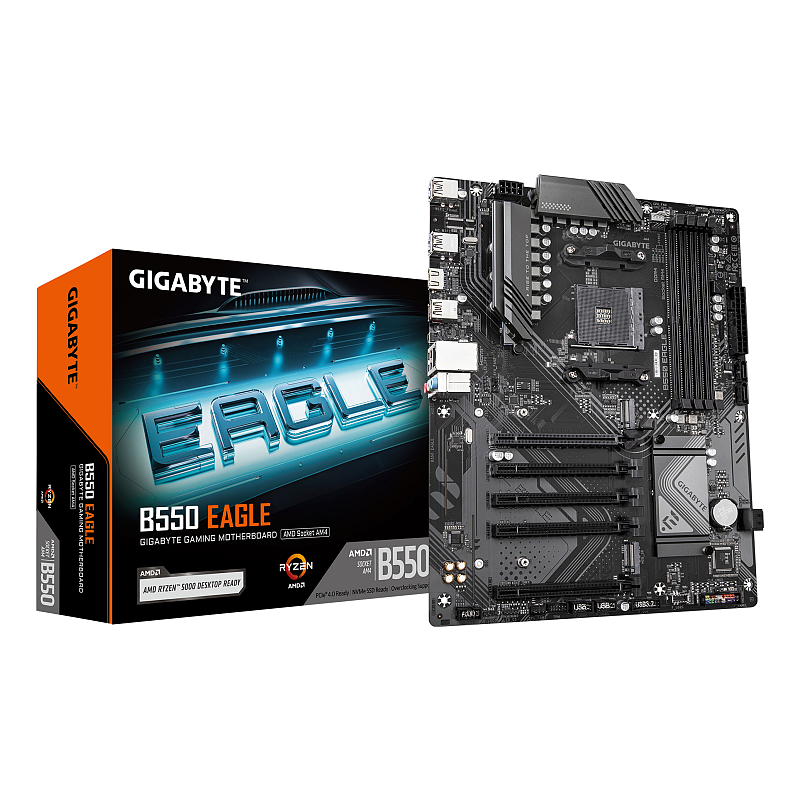 GIGABYTE B550 EAGLE Mainboard – AMD Ryzen 5000 G-Serie CPUs, 10+3+1 Phasen VRM, bis zu 3200 MHz DDR4, 1xPCIe 4.0 + 1xPCIe 3.0 M.2, 1GbE LAN, USB 3.2 Gen 2