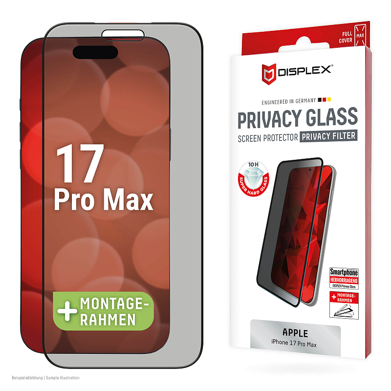 Displex Privacy Panzerglas (10H) für Apple iPhone 17 Pro Max, Eco-Montagerahmen, Privacy Filter