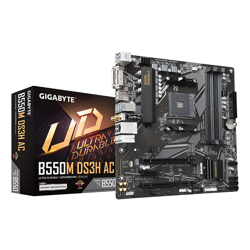 GIGABYTE B550M DS3H AC Mainboard – AMD Ryzen 5000 CPUs, 5+3 Phasen VRM, bis zu 4733 MHz DDR4, 1xPCIe 4.0 + 1xPCIe 3.0 M.2, Wi-Fi 5, 1GbE LAN, USB 3.2 Gen 1
