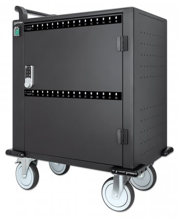 Manhattan 32-Port Ladeschrank auf Rollen 576 W, 32 USB-C PD-Ports, geräumige Fächer für Handys und Tablets, 576 W gesamt, bis zu 3 A/18 W pro Port, Tür mit PIN-Code abschließbar, Überspannungsschutz, leiser Lüfter, Metallgehäuse, schwarz