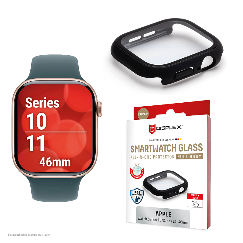 Displex 10H Panzerglas für Apple Watch 11/10 (46mm), Full Body Schutz, IP68, Snap-On, matt-schwarz