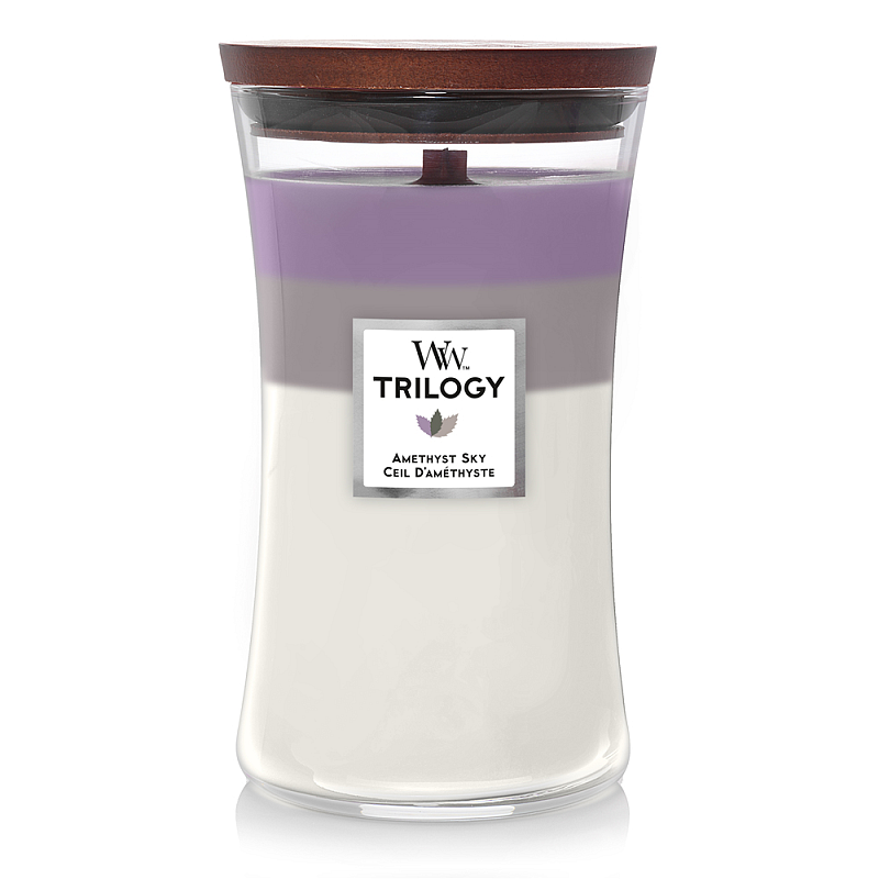 WoodWick Amethyst Sky Trilogy Wachskerze Zylinder Bernstein, Jasmin, Lavendel, Leder, Sandelholz, Wildleder, Vanille, Canangabaum 1 Stück(e)