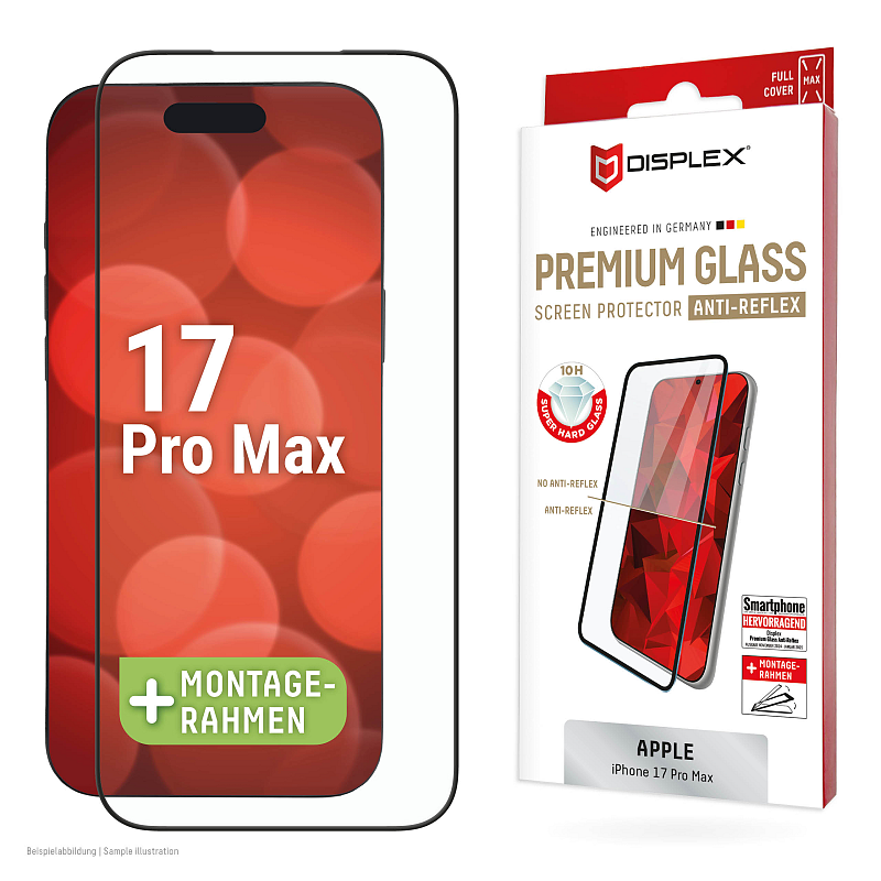 Displex Premium Panzerglas (Full Cover, 10H) für Apple iPhone 17 Pro Max, Eco-Montagerahmen, Full Cover