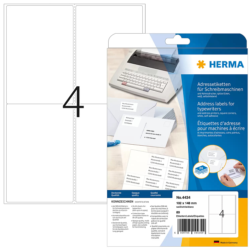 HERMA Adressetiketten für Schreibmaschinen A4 102x148 mm Papier matt Ecken rund 80 St.