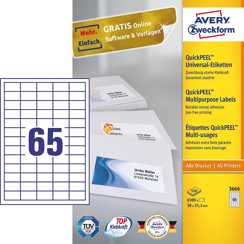 Avery 3666 selbstklebendes Etikett Rechteck Permanent Weiß 6500 Stück(e)