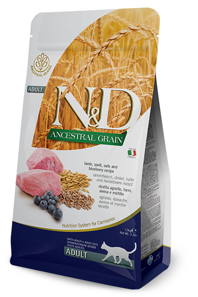 Farmina Pet Food N&D Ancestral Grain Katzen-Trockenfutter 5 kg Adult Heidelbeere, Lamm