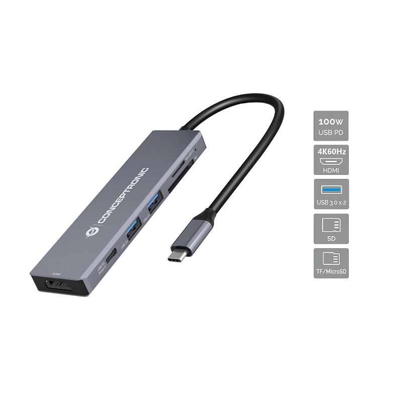 Conceptronic DONN23G 6-in-1 USB 3.2 Gen 1 Dockingstation, USB 3.0 x 2, 100W USB PD, 4K 60Hz HDMI, SD, TF/MicroSD