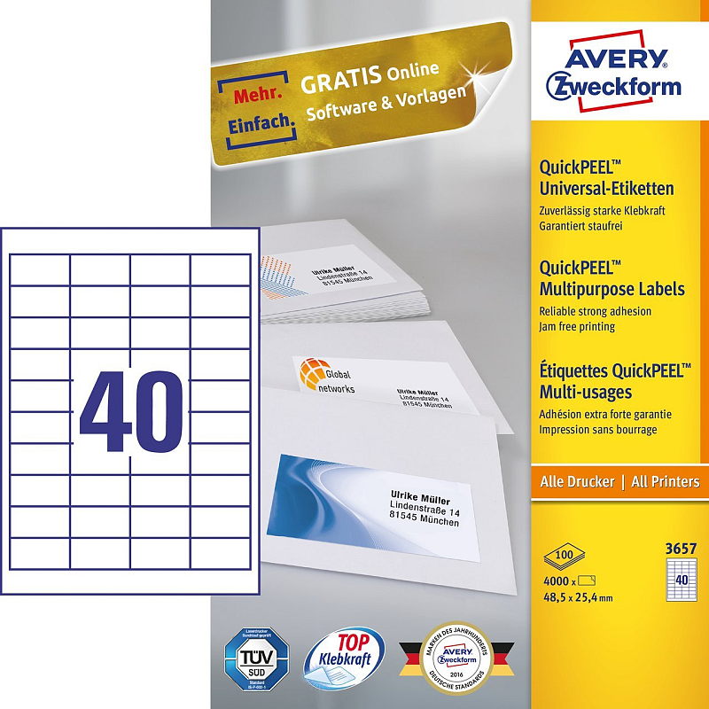 Avery 3657 selbstklebendes Etikett Rechteck Permanent Weiß 4000 Stück(e)