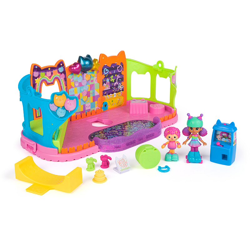 Gabby's Dollhouse DREAMWORKS - Partyraum Spielset, Skate-Park Dachgeschoss Zimmer mit Gabby und Marty-Figur, Möbeln und Zubehörteilen