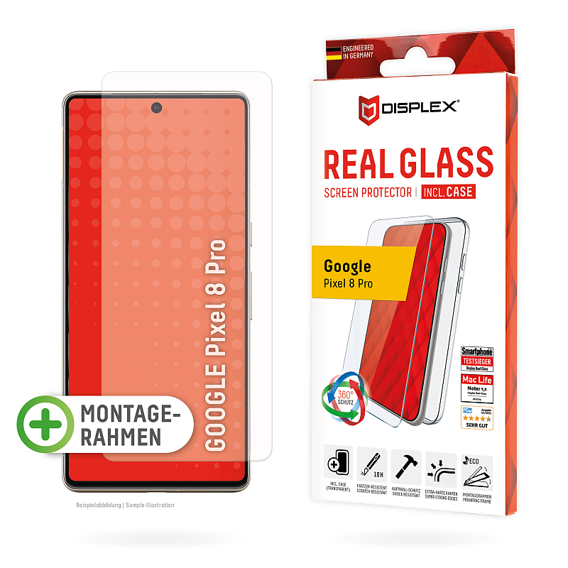 Displex Panzerglas + Schutzhülle für Google Pixel 8 Pro, Eco-Montagerahmen, kratzer-resistent
