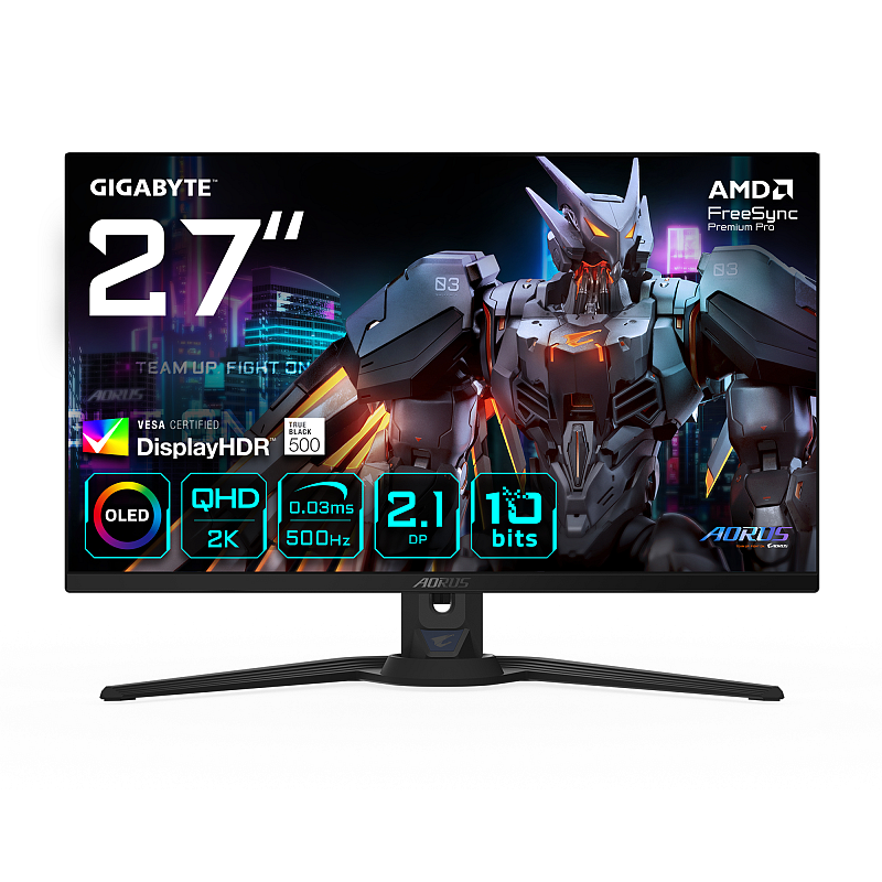 GIGABYTE AORUS FO27Q5P OLED QHD Gaming-Monitor – 2560 x 1440, 500Hz, 0,03ms, KVM, 300 cd/m², FreeSync Premium Pro, DisplayHDR True Black 500, DisplayPort 2.1