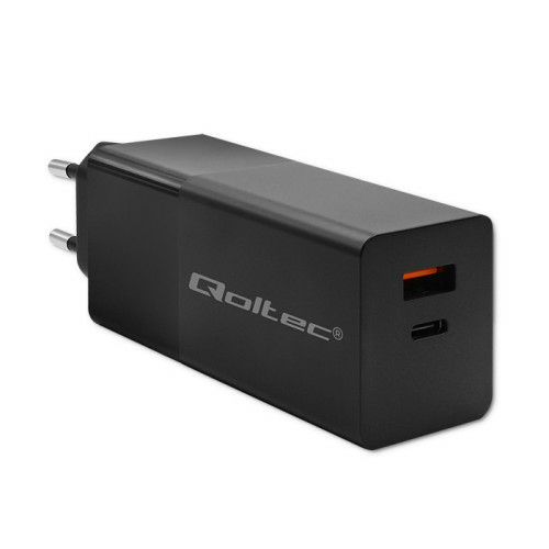 Qoltec 52382 Ladegerät für Mobilgeräte Laptop, Tragbare Spielekonsole, Powerbank, Smartphone, Smartwatch, Tablets Schwarz AC Schnellladung Drinnen
