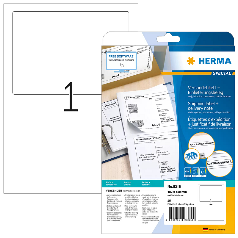 HERMA Versandetikett + Einlieferungsbeleg A4 182x130 mm weiß Papier matt blickdicht 25 St.