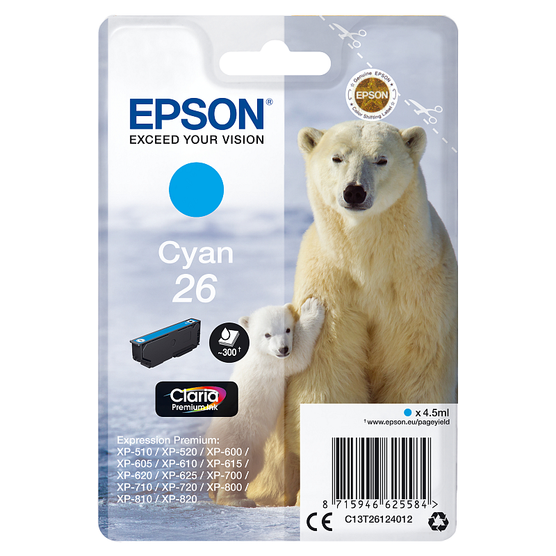 Epson Polar bear Singlepack Cyan 26 Claria Premium Ink