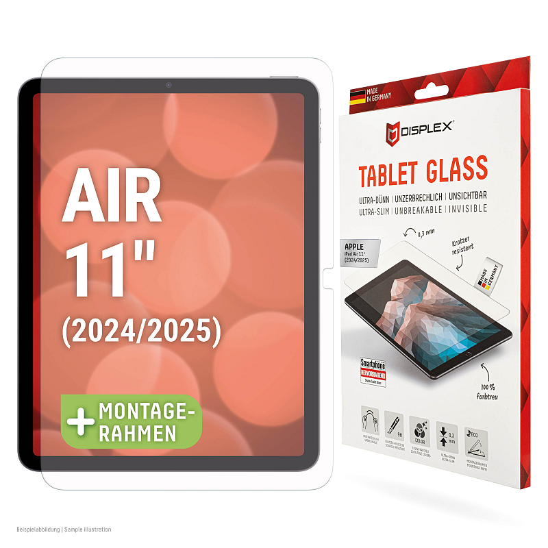 Displex Tablet Glass (9H) für Apple iPad Air 11" (2024/2025), Eco-Montagerahmen L-Form, unzerbrechlich