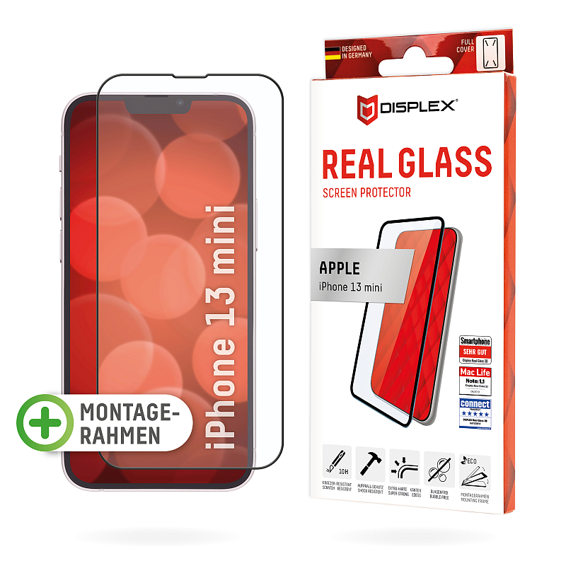 Displex Full Cover Panzerglas (10H) für Apple iPhone 13 mini, Eco-Montagerahmen, volle Displayabdeckung, Tempered Glas, kratzer-resistente Schutzfolie, hüllenfreundlich