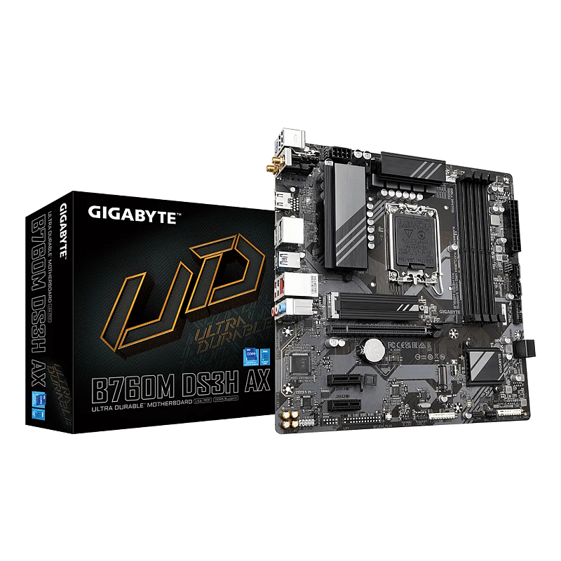 GIGABYTE B760M DS3H AX Mainboard - Unterstützt Intel Core Prozessoren der 14. Generation, 6+2+1 Phasen digitales VRM, bis zu 7600MHz DDR5 (OC), 2x PCIe 4.0 M.2, Wi-Fi 6E, 2.5GbE LAN, USB 3.2 Gen 2