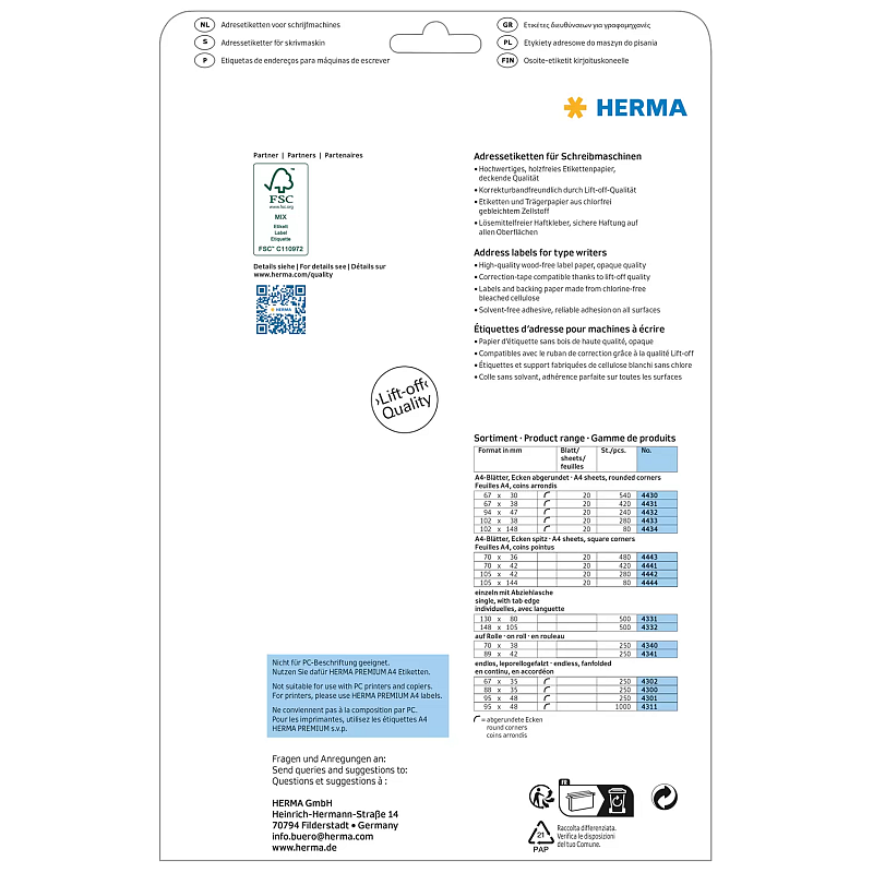 HERMA Adressetiketten für Schreibmaschinen A4 105x144 mm Papier matt Ecken spitz 80 St.
