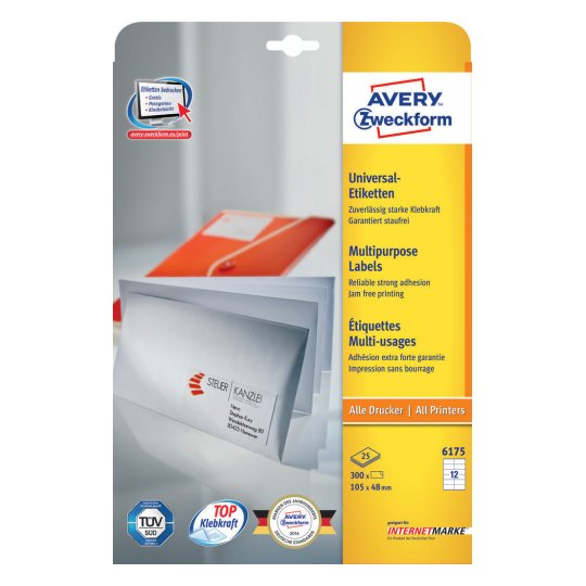 Avery 6175 selbstklebendes Etikett Rechteck Permanent Weiß 300 Stück(e)