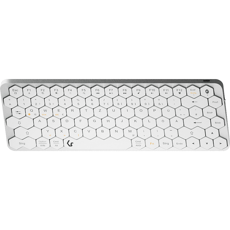KeySonic KSK-5020BT-S (DE), Mini Tastatur mit wabenförmigen Tasten, kabellose Verbindung, Multimediatasten, Aluminium, Silber/Weiß