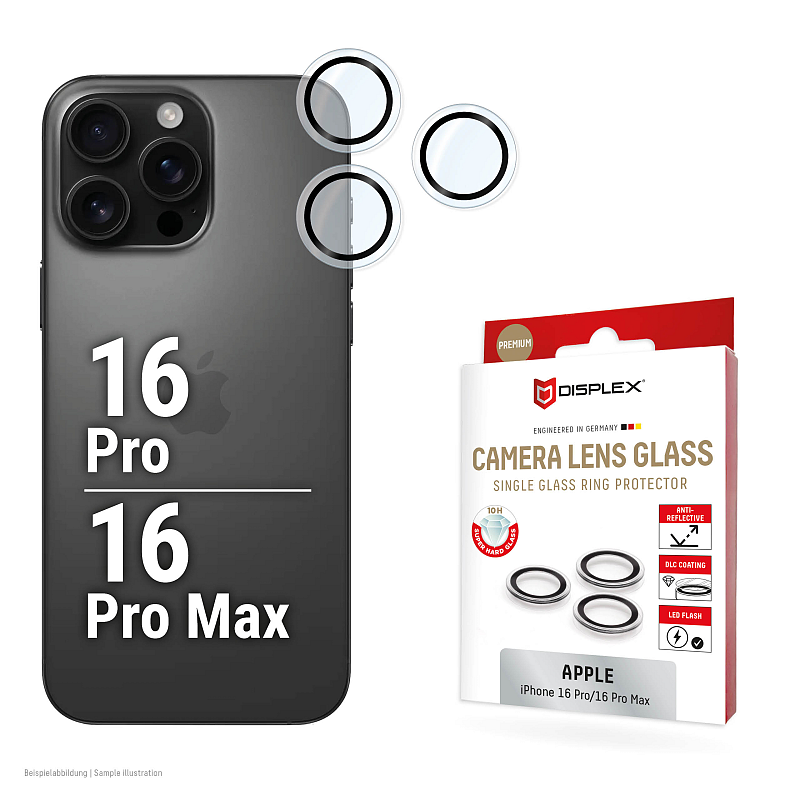 Displex Premium Camera Lens Glass, iPhone 16 Pro/16 Pro Max, Einzelringe, Schutzringe, 10H, transparent, Quick Mount