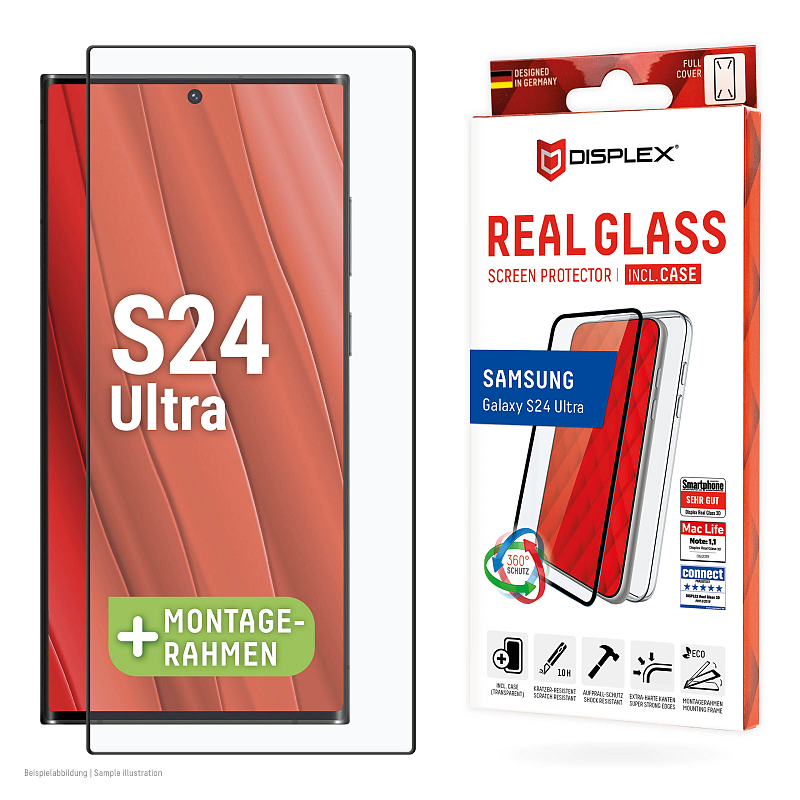 Displex Panzerglas + Schutzhülle für Samsung Galaxy S24 Ultra, Eco-Montagerahmen, Full Cover