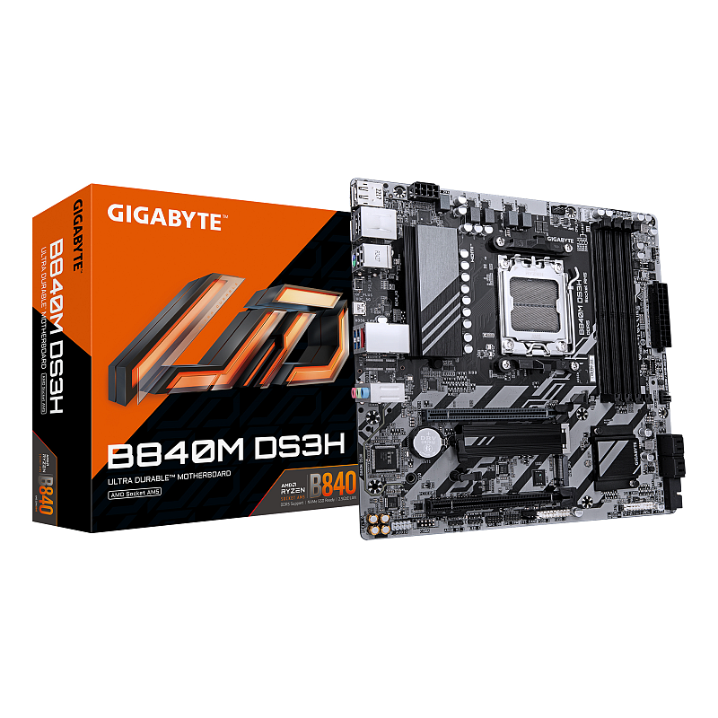 GIGABYTE B840M DS3H Mainboard – AMD Ryzen 9000 CPUs, 8+2+2 Phasen VRM, bis zu 8200 MHz DDR5, 2xPCIe 4.0 M.2, 2.5GbE LAN, USB 3.2 Gen 1