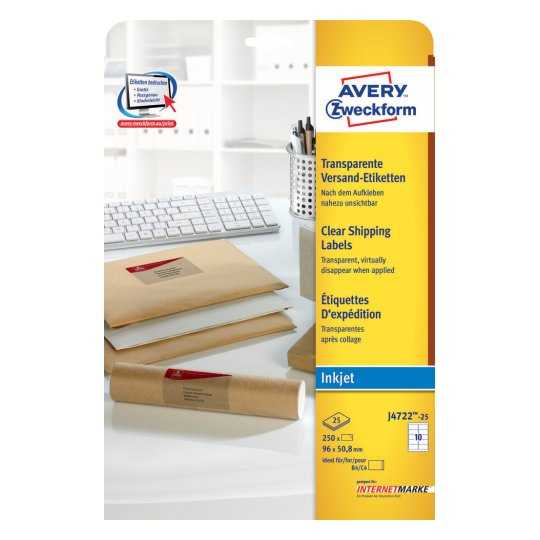Avery J4722-25 selbstklebendes Etikett Abgerundetes Rechteck Permanent Transparent 250 Stück(e)