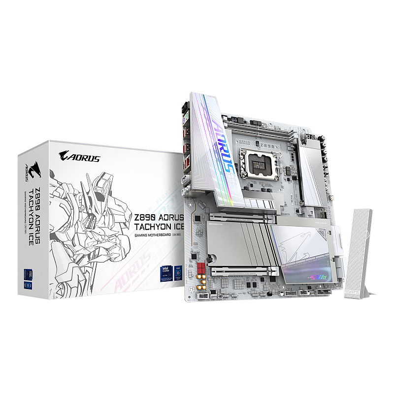 GIGABYTE Z890 AORUS TACHYON ICE Mainboard – Intel Core Ultra (Serie 2) Prozessoren, 18+1+2 Phasen VRM, bis zu 9500 MHz DDR5 (O.C), 1 x PCIe 5.0 + 3 x PCIe 4.0, Wi-Fi 7, 5 GbE LAN, USB 3.2 Gen 2x2