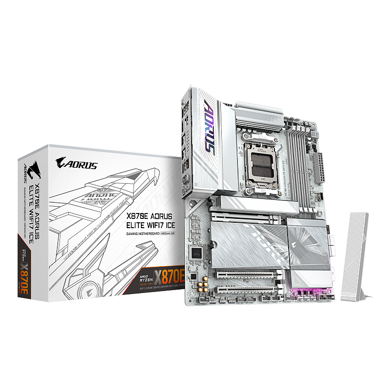GIGABYTE X870E AORUS ELITE WIFI7 ICE Mainboard – Unterstützt AMD Ryzen 9000 Prozessoren, digitales 16+2+2 Phasen VRM, bis zu 8200 MHz DDR5 (O.C.), 3x PCIe 5.0 + 1x PCIe 4.0, Wi-Fi 7, 2.5 GbE LAN, USB 4