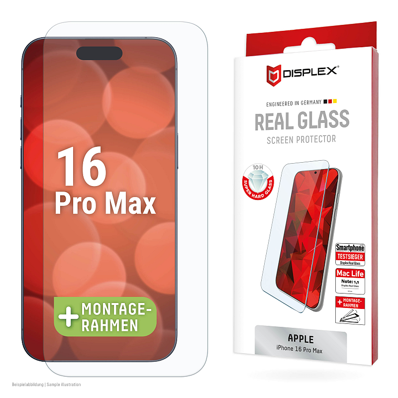 Displex Panzerglas (10H, 2D) für Apple iPhone 16 Pro Max, Eco-Montagerahmen, kratzer-resistent