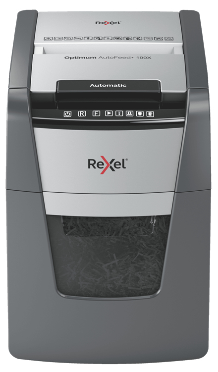 Rexel Optimum AutoFeed+ 100X Aktenvernichter Kreuzschreddern 55 dB 22 cm Schwarz, Grau