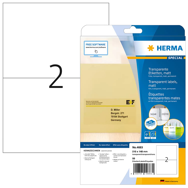 HERMA Etiketten transparent matt A4 210x148 mm Folie 50 St.