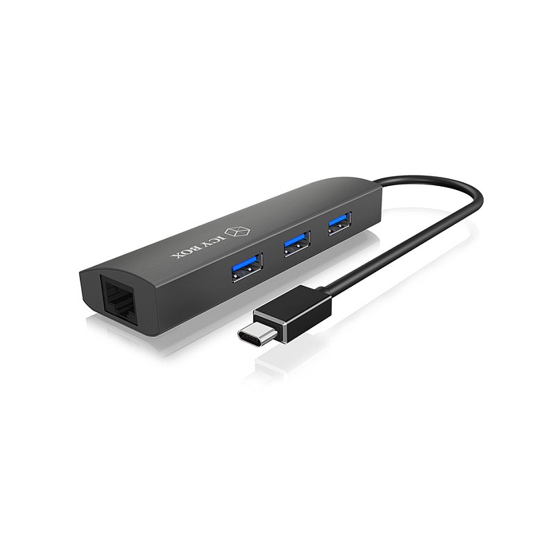 ICY BOX IB-HUB1406-C, USB Type-C® zu 3 Port USB 3.2 Gen 1 Hub + GigaLAN Ethernet, Alu-Gehäuse