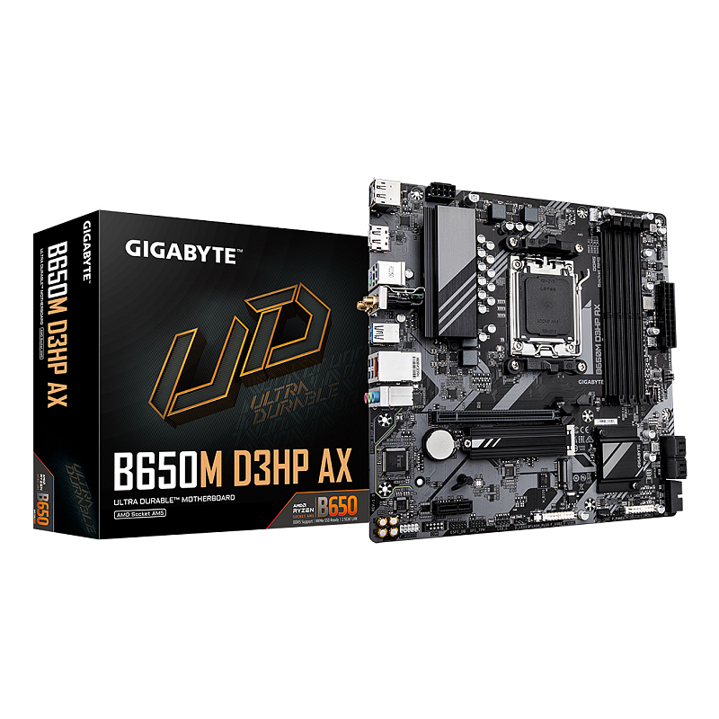 GIGABYTE B650M D3HP AX Mainboard - AMD Ryzen 9000er-Serie, 5+2+2 Phasen VRM, bis zu 8000 MHz DDR5 (OC), 2xPCIe 4.0 M.2, WIFI 6E, 2,5 GbE LAN, USB 3.2 Gen 1