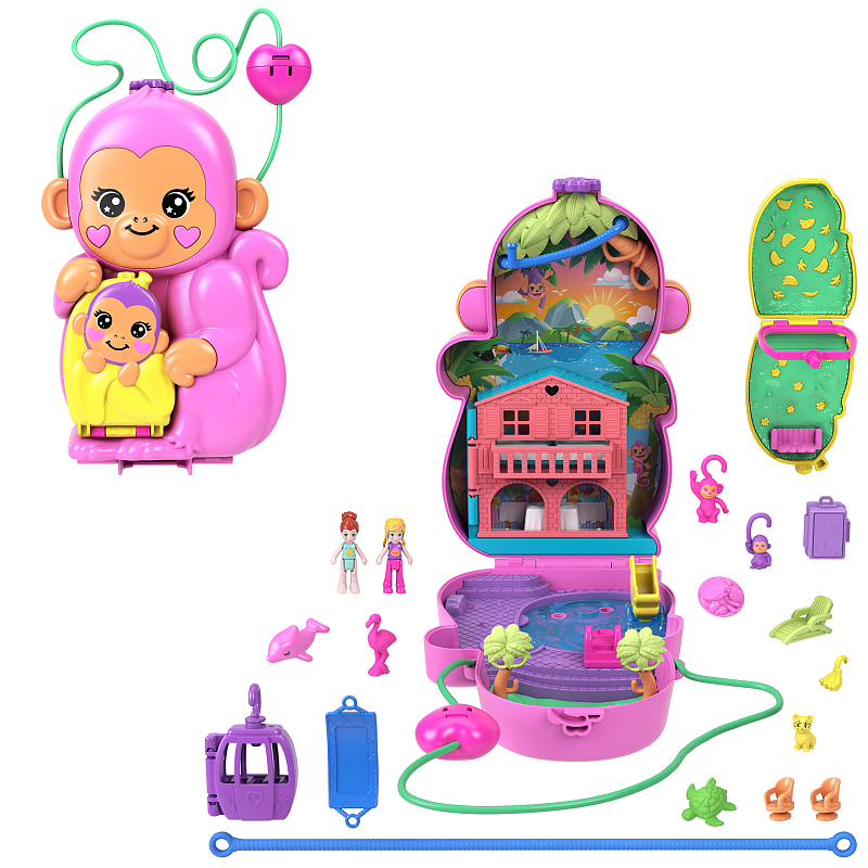 Polly Pocket Affenmama und Baby Spielset mit 2 kleinen Puppen, Haustieren und 13 Accessoires, 2-in-1 Tasche und Spielzeug