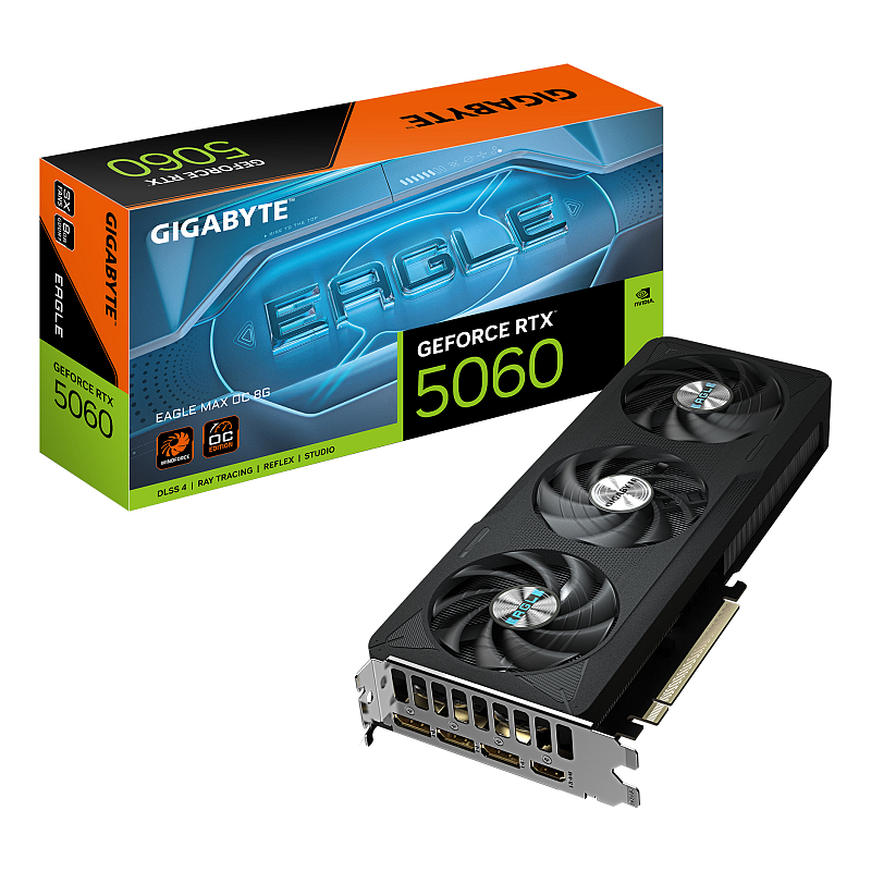 GIGABYTE GeForce RTX 5060 EAGLE MAX OC 8G Grafikkarte – 8 GB GDDR7, 128 Bit, PCI-E 5.0, 2550 MHz Kerntakt, 3 x DisplayPort, 1 x HDMI, NVIDIA DLSS 4, GV-N5060EAGLEMAX OC-8GD 1.0