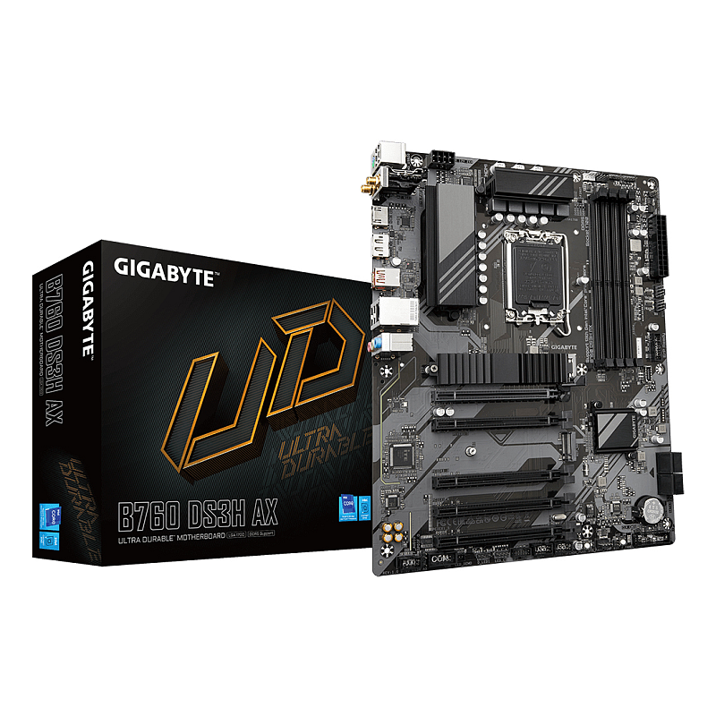 GIGABYTE B760 DS3H AX Mainboard - Unterstützt Intel Core Prozessoren der 14. Generation, 8+2+1 Phasen digitales VRM, bis zu 7600MHz DDR5 (OC), 2x PCIe 4.0 M.2, Wi-Fi 6E, GbE LAN, USB 3.2 Gen 2x2