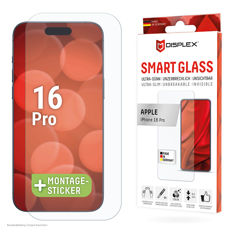 Displex Smart Glass (9H) für Apple iPhone 16 Pro, Montagesticker, unzerbrechlich