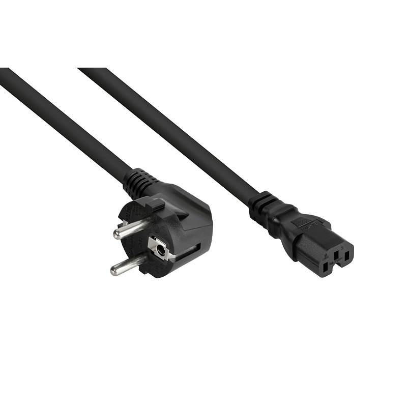 Kabelmeister Netzkabel Schutzkontakt-Stecker Typ E+F (90° gew.) an Warmgeräte-Buchse C15, schwarz, 1,00mm², 0,5m