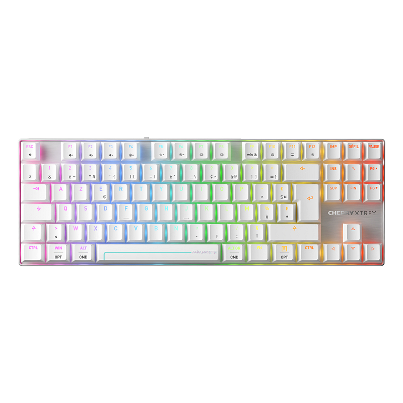CHERRY MX 8.2 Pro TMR Wireless Tastatur Gaming USB + RF Wireless + Bluetooth AZERTY Französisch Silber, Weiß