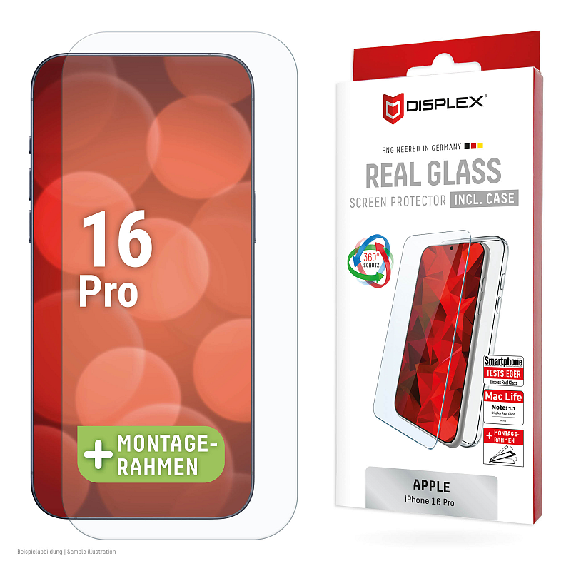 Displex Panzerglas + Schutzhülle für Apple iPhone 16 Pro, Eco-Montagerahmen, kratzer-resistent