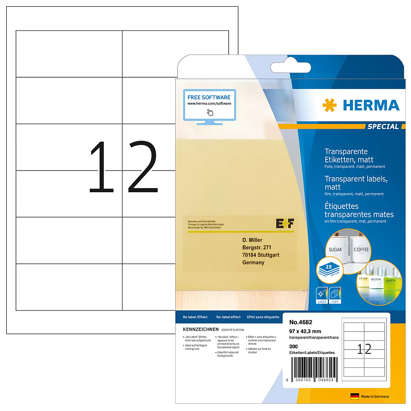 HERMA Etiketten transparent matt A4 97x42.3 mm Folie 300 St.