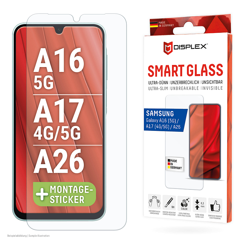 Displex Smart Glass (9H) für Samsung Galaxy A26/A16 (5G)/A17 (4G/5G), Montagesticker, unzerbrechlich